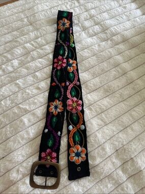Embroidered Floral Black Canvas Belt - Multicolor Accents